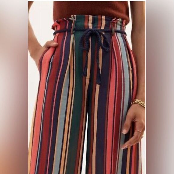 Farm Rio Anthropologie Striped  Wide Leg linen blend Pants Size NWT. M - Picture 3 of 10